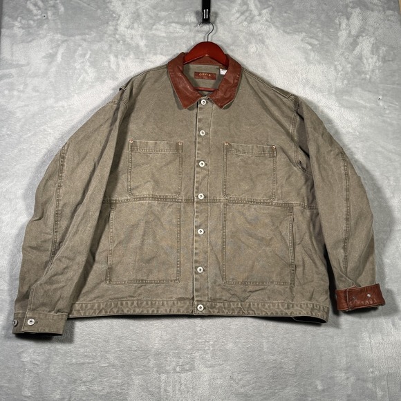 Orvis Jacket Mens 2XL Olive Canvas Chore Barn Coat Leather Collar Cuffs‎ 84-2473